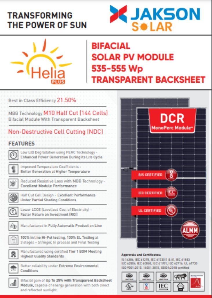 DCR MONOFACIAL SOLAR PV MODULE 535-555 Wp WITH TRANSPARENT BACK SHEET