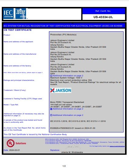 MONOPERC BIFACIAL IEC 61215 CERTIFICATE