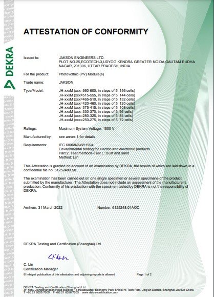 MONOPERC MONOFACIAL IEC 60068 2 68 CERTIFICATE