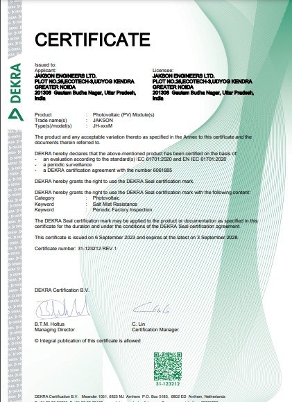 MONOPERC MONOFACIAL IEC 61701 CERTIFICATE