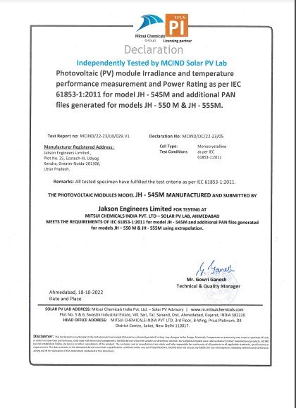 MONOPERC MONOFACIAL IEC 61853 1 CERTIFICATE
