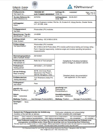 MONOPERC MONOFACIAL IEC 61853 2 CERTIFICATE