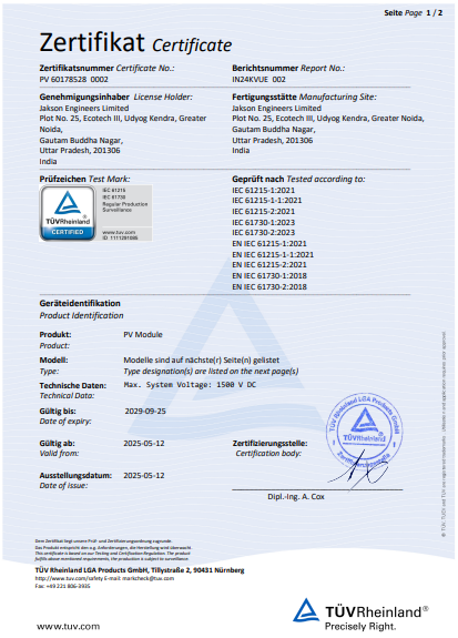 TOPCON DUAL GLASS IEC 61215 & IEC 61730 CERTIFICATE Jakson Solar