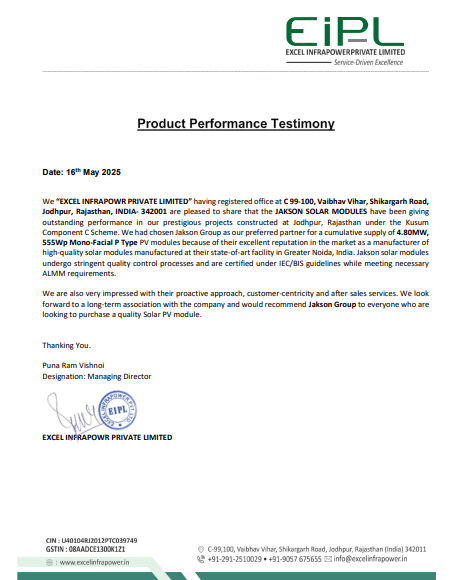 Excel Infrapower Jodhpur Kusum Project with Jakson Solar Modules