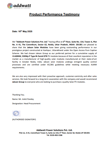 Jakson Solar Modules Installed 13.6MW project at Addwatt Power Solution