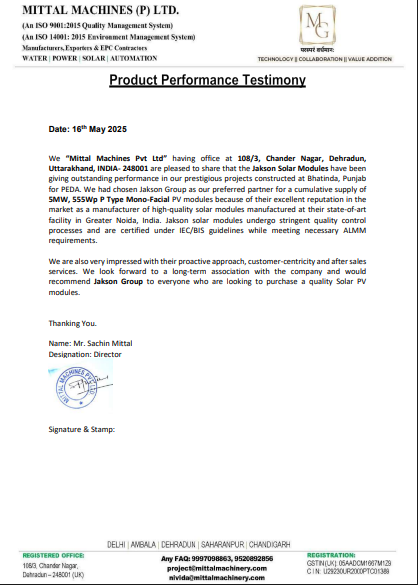 Jakson Solar Modules Installed 5MW Solar Project in Bhatinda Mittal Machines