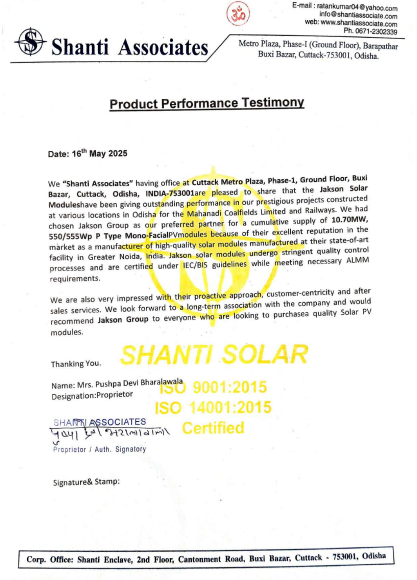 Shanti Associates choose Jakson Solar for 555Wp P Type Monofacial module
